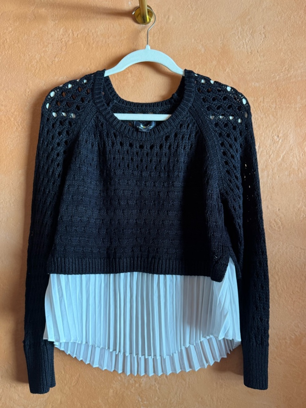 Maeve Anthropologie Layered Sweater Knit Pleated Hem Top Crochet Detail Large